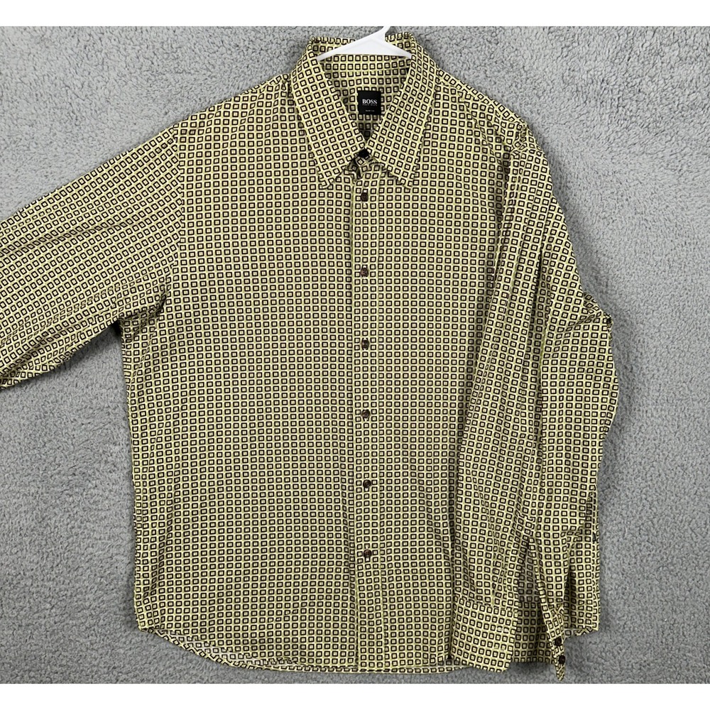 Boss Hugo Shirt Button Up Mens 2XL Green Brown Geometric Slim Fit Long Sleeve